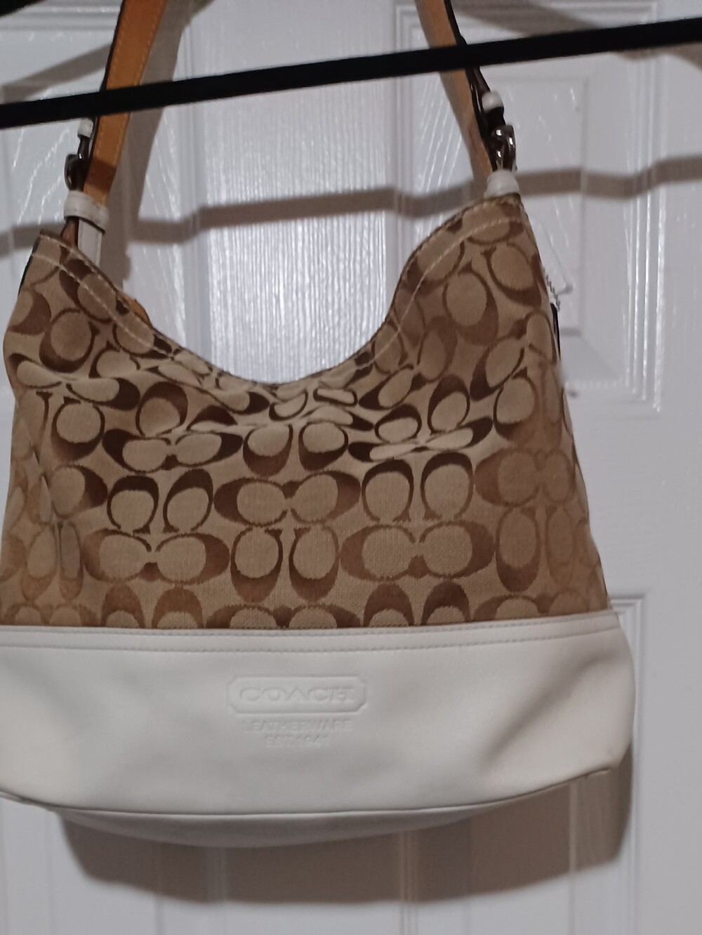 Coach Beige Signature Canvas Hobo with Cream Leather Trim